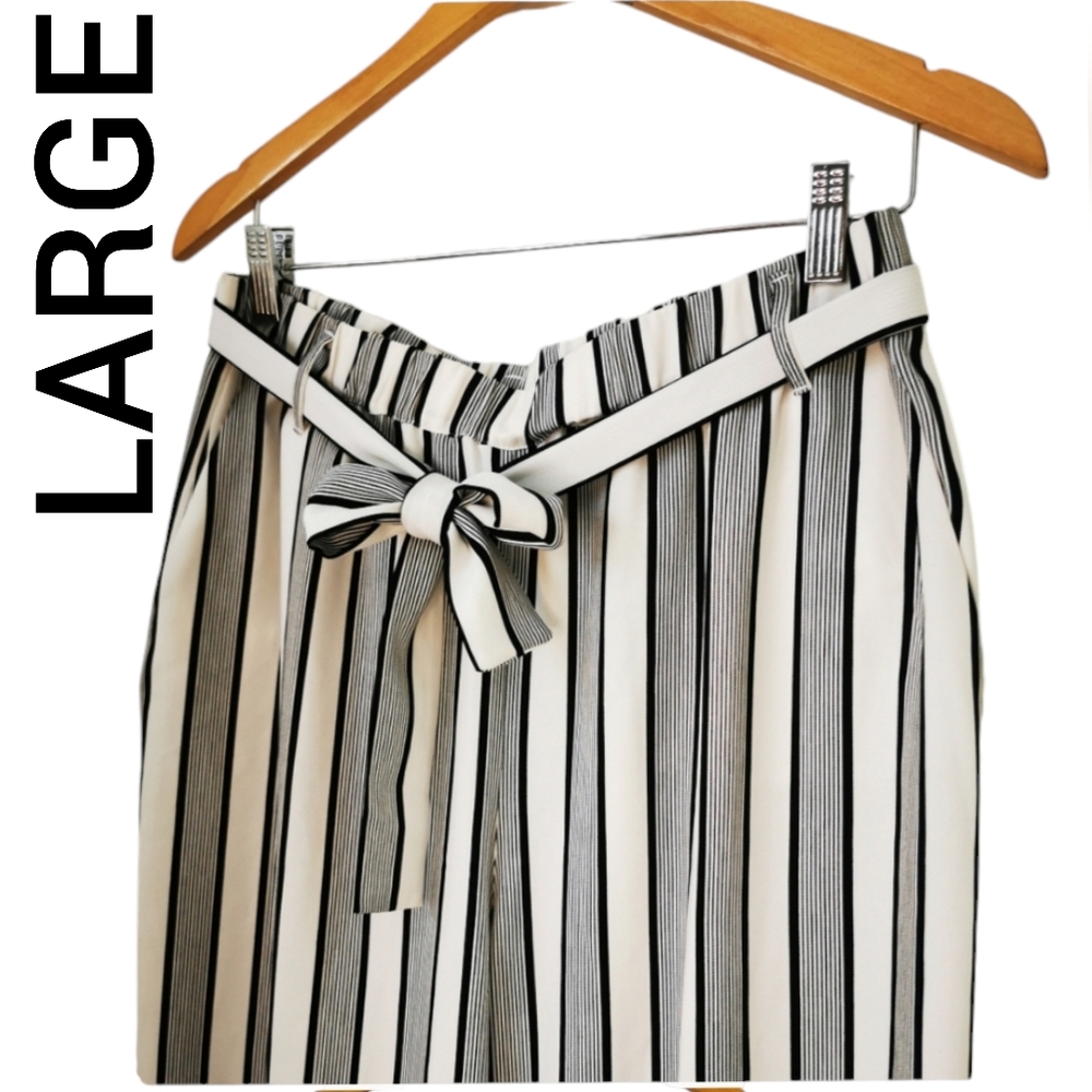 Black and White Striped Wide Leg Pants with Tie Belt